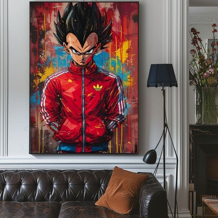 Рачно насликана слика на платно со мотив Saiyan: Sila bojovníka во црвено-црно нијанси, интензивна атмосфера, поп култура и сила и моќ | Слика Saiyan: Sila bojovníka – производ, поглед 5