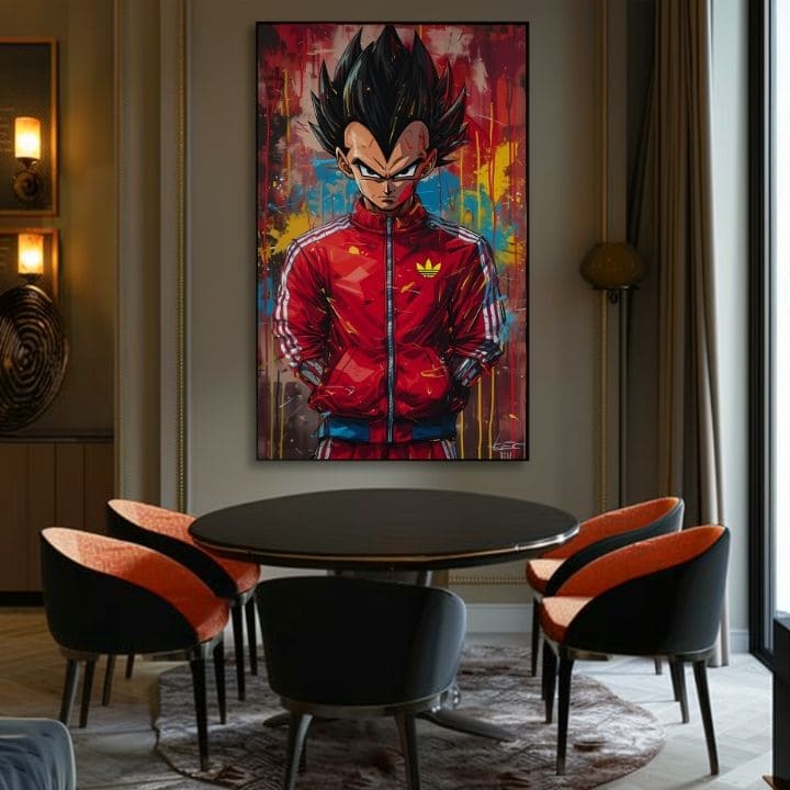 Рачно насликана слика на платно со мотив Saiyan: Sila bojovníka во црвено-црно нијанси, интензивна атмосфера, поп култура и сила и моќ | Слика Saiyan: Sila bojovníka – производ
