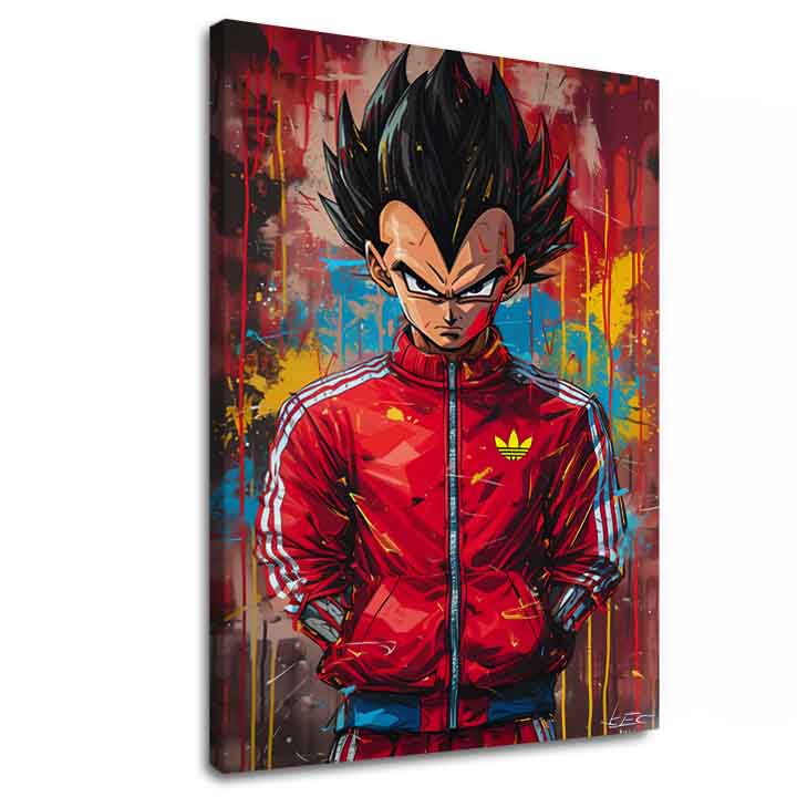 Рачно насликана слика на платно со мотив Saiyan: Sila bojovníka во црвено-црно нијанси, интензивна атмосфера, поп култура и сила и моќ | Слика Saiyan: Sila bojovníka – главна
