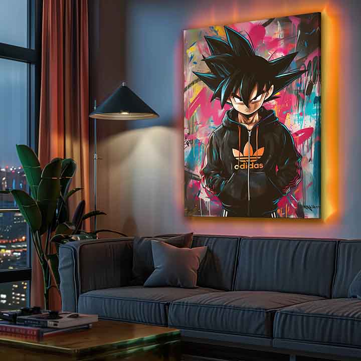 Модерна слика на платно со мотив Saiyan: Bojovník moci во црно-виолетово нијанси, енергична атмосфера | Слика Saiyan: Bojovník moci – производ