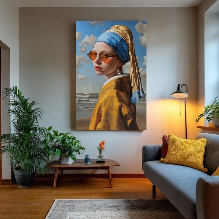 Модерна слика на платно со мотив Sea Pearl, плажа, океан, небо во сино-жолто нијанси, разиграна атмосфера, поп култура | Слика Sea Pearl – производ, поглед 2
