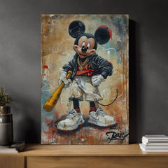 Рачно насликана слика на платно со мотив Street Mickey na платно во црно-бело нијанси, дрска атмосфера, поп култура и градски живот | Слика Street Mickey na платно – производ, поглед 2