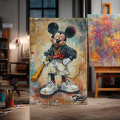 Рачно насликана слика на платно со мотив Street Mickey na платно во црно-бело нијанси, дрска атмосфера, поп култура и градски живот | Слика Street Mickey na платно – производ, поглед 3