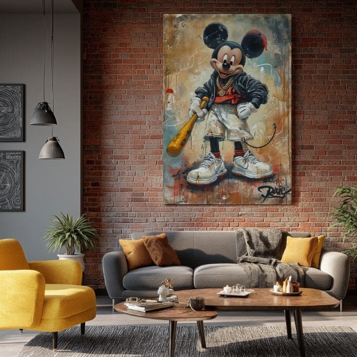 Рачно насликана слика на платно со мотив Street Mickey na платно во црно-бело нијанси, дрска атмосфера, поп култура и градски живот | Слика Street Mickey na платно – производ