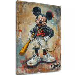 Рачно насликана слика на платно со мотив Street Mickey na платно во црно-бело нијанси, дрска атмосфера, поп култура и градски живот | Слика Street Mickey na платно – главна