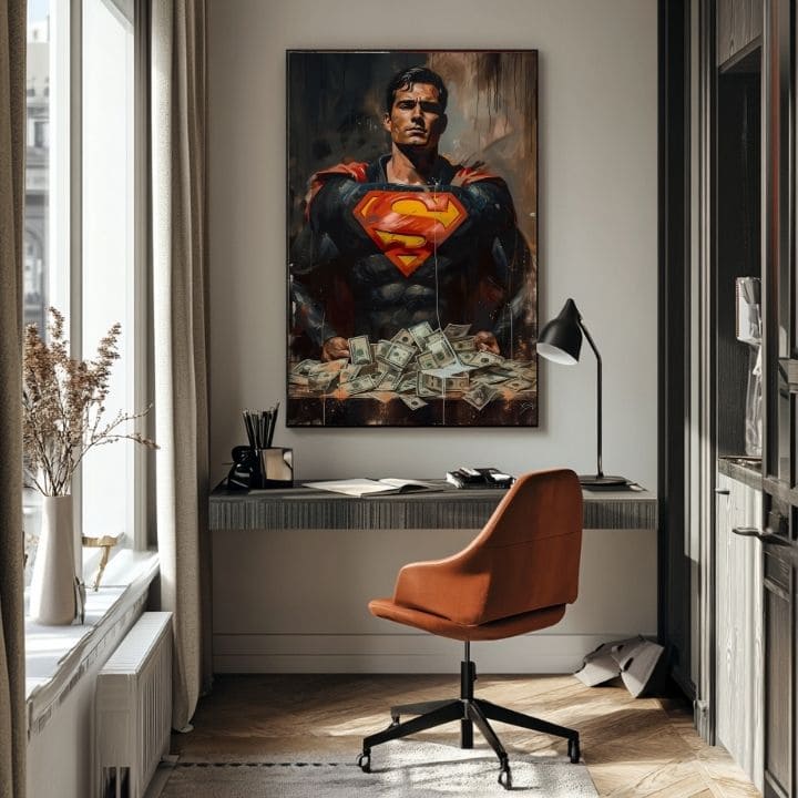 Рачно насликана слика на платно со мотив Superman: Muž peňazí во црвено-жолто нијанси, сила и моќ | Слика Superman: Muž peňazí – производ, поглед 2
