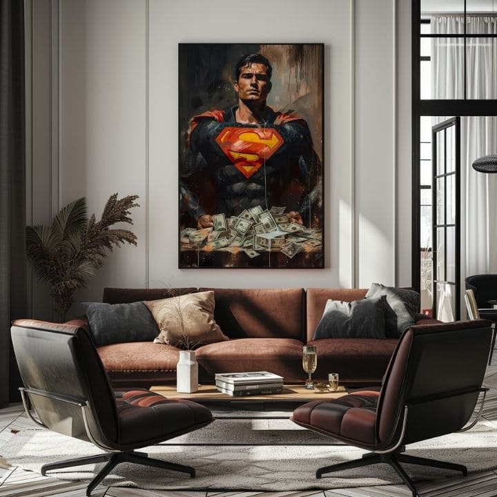 Рачно насликана слика на платно со мотив Superman: Muž peňazí во црвено-жолто нијанси, сила и моќ | Слика Superman: Muž peňazí – производ, поглед 4