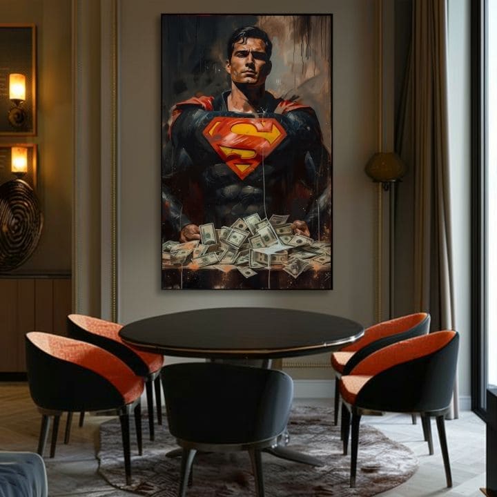 Рачно насликана слика на платно со мотив Superman: Muž peňazí во црвено-жолто нијанси, сила и моќ | Слика Superman: Muž peňazí – производ, поглед 5