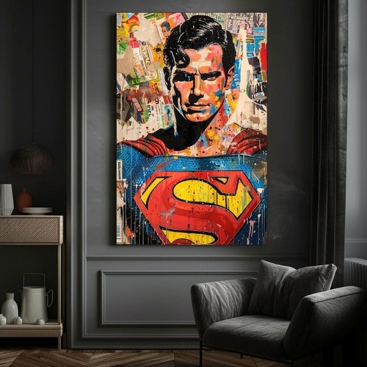 Рачно насликана слика на платно со мотив Superman: Pop ikona во сино-жолто нијанси, поп култура и градски живот | Слика Superman: Pop ikona – производ, поглед 4