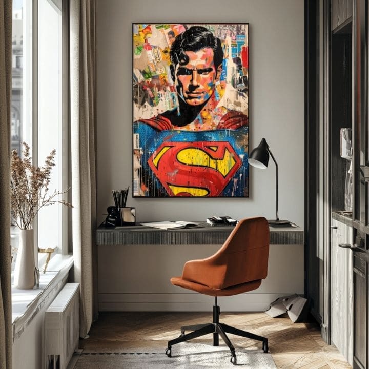 Рачно насликана слика на платно со мотив Superman: Pop ikona во сино-жолто нијанси, поп култура и градски живот | Слика Superman: Pop ikona – производ