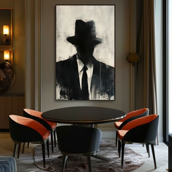 Рачно насликана слика на платно со мотив The Faceless Mobster во црно-бело нијанси, мистериозна атмосфера, тајна и градски живот | Слика The Faceless Mobster – производ, поглед 3