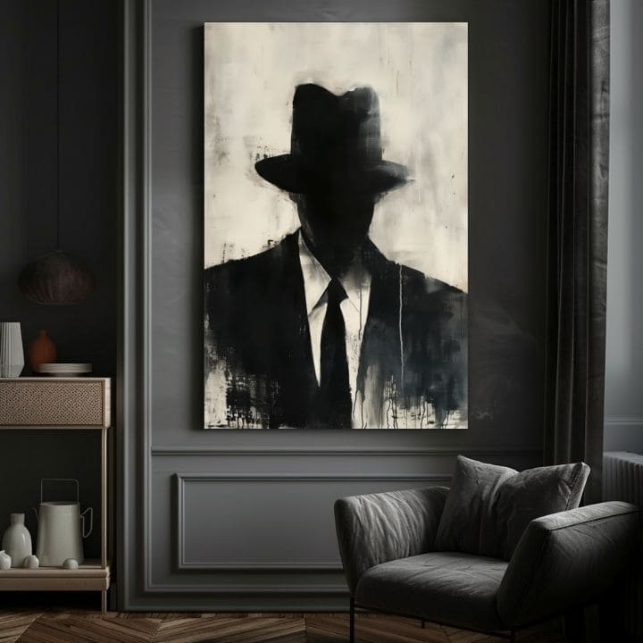 Рачно насликана слика на платно со мотив The Faceless Mobster во црно-бело нијанси, мистериозна атмосфера, тајна и градски живот | Слика The Faceless Mobster – производ, поглед 4