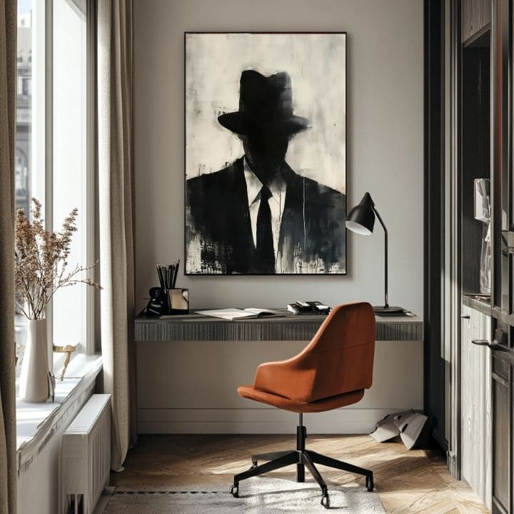 Рачно насликана слика на платно со мотив The Faceless Mobster во црно-бело нијанси, мистериозна атмосфера, тајна и градски живот | Слика The Faceless Mobster – производ, поглед 5