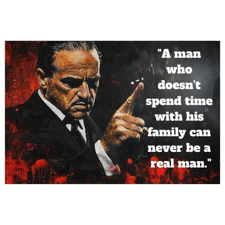 Поп арт слика на платно со мотив The Godfather na платно, маж во одело во црно-црвено нијанси, интензивна атмосфера, семејство и сила и моќ – главна