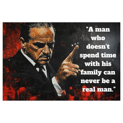Поп арт слика на платно со мотив The Godfather na платно, маж во одело во црно-црвено нијанси, интензивна атмосфера, семејство и сила и моќ – главна