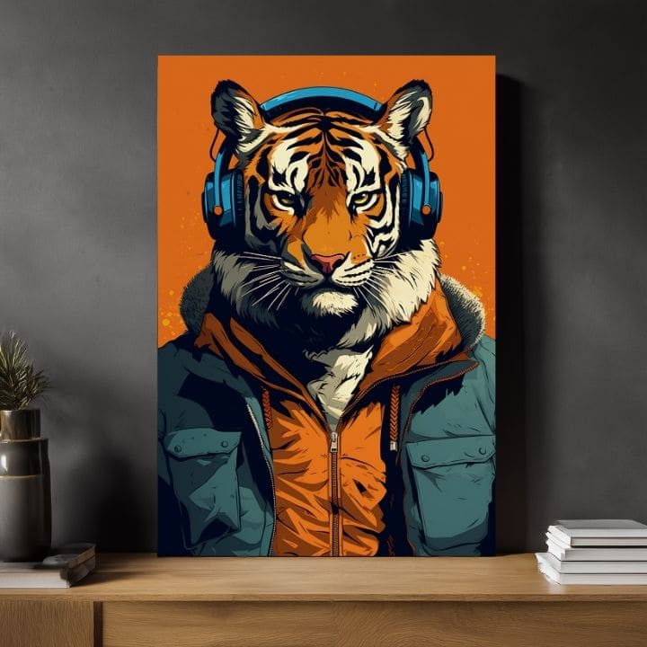 Модерна слика на платно со мотив Tiger Vibes, тигар, слушалки, сако во портокалово-сино нијанси, природа | Слика Tiger Vibes – производ