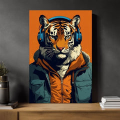 Модерна слика на платно со мотив Tiger Vibes, тигар, слушалки, сако во портокалово-сино нијанси, природа | Слика Tiger Vibes – производ