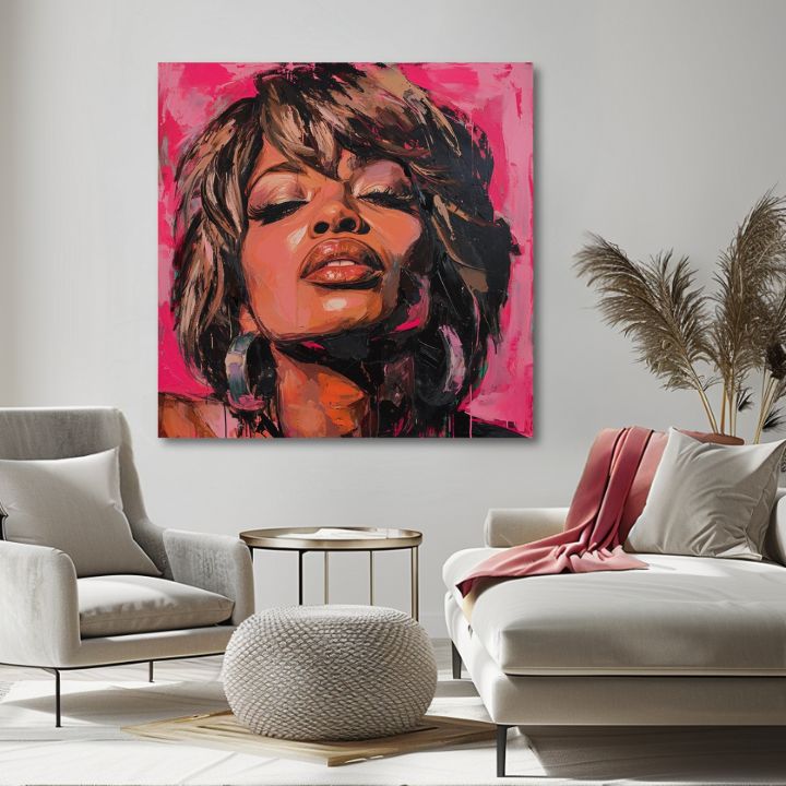 Рачно насликана слика на платно со мотив Tina Turner - Кралица rocku, слушалки во кафеаво нијанси, сензуална атмосфера, убавина | Слика Tina Turner - Кралица rocku – производ, поглед 2