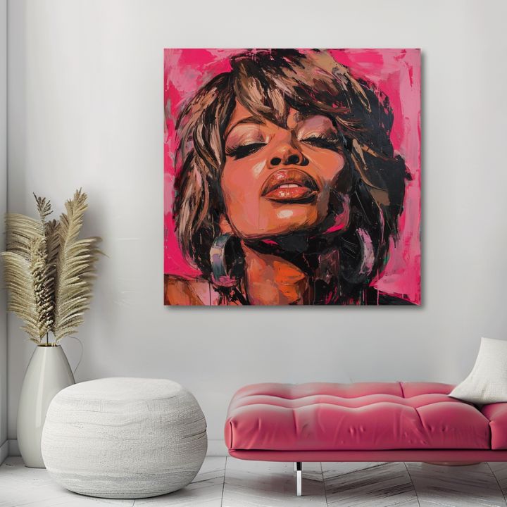 Рачно насликана слика на платно со мотив Tina Turner - Кралица rocku, слушалки во кафеаво нијанси, сензуална атмосфера, убавина | Слика Tina Turner - Кралица rocku – производ