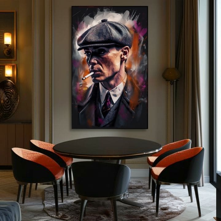 Рачно насликана слика на платно со мотив Tommy Shelby: Крал ulíc, цигара во сиво-црно нијанси | Слика Tommy Shelby: Крал ulíc – производ, поглед 2