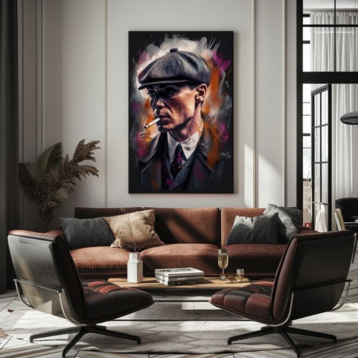 Рачно насликана слика на платно со мотив Tommy Shelby: Крал ulíc, цигара во сиво-црно нијанси | Слика Tommy Shelby: Крал ulíc – производ, поглед 3