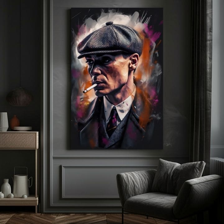 Рачно насликана слика на платно со мотив Tommy Shelby: Крал ulíc, цигара во сиво-црно нијанси | Слика Tommy Shelby: Крал ulíc – производ, поглед 4