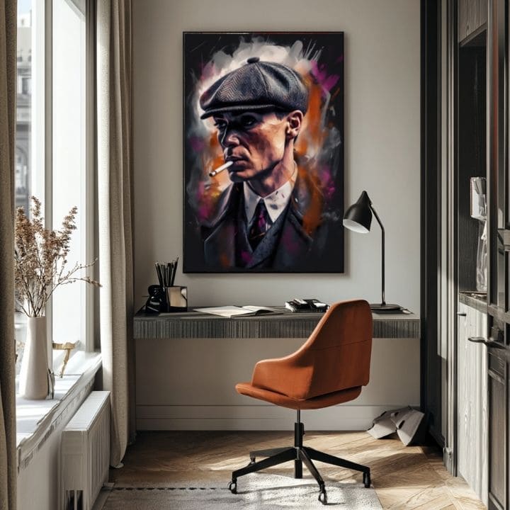 Рачно насликана слика на платно со мотив Tommy Shelby: Крал ulíc, цигара во сиво-црно нијанси | Слика Tommy Shelby: Крал ulíc – производ, поглед 5