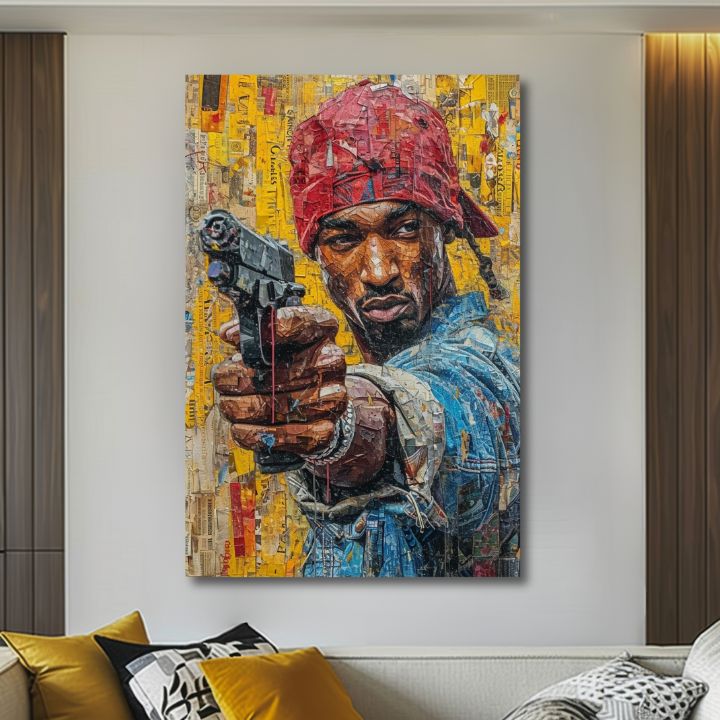 Рачно насликана слика на платно со мотив Tupac Shakur - Rapová gangster во жолто-црвено нијанси, градски живот | Слика Tupac Shakur - Rapová gangster – производ, поглед 2