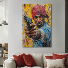 Рачно насликана слика на платно со мотив Tupac Shakur - Rapová gangster во жолто-црвено нијанси, градски живот | Слика Tupac Shakur - Rapová gangster – производ