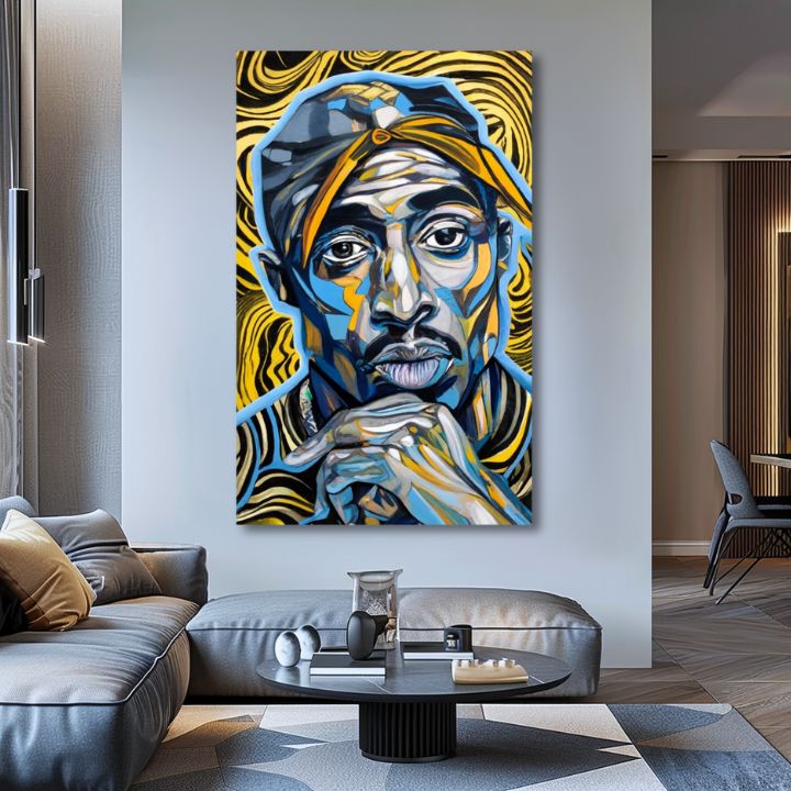 Рачно насликана слика на платно со мотив Tupac Shakur - Zlaté tóny rapu во златно-црно нијанси, интензивна атмосфера, слава | Слика Tupac Shakur - Zlaté tóny rapu – производ