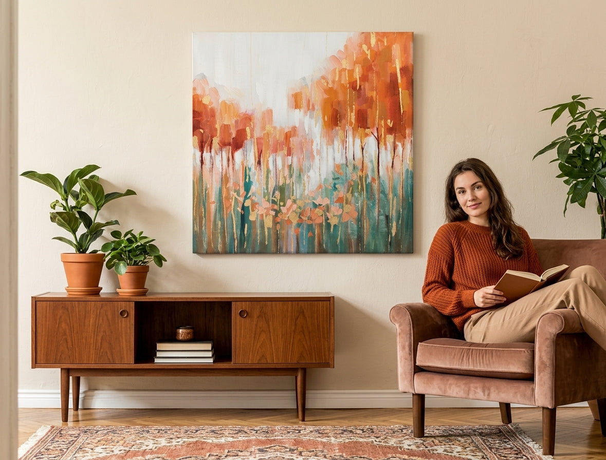 Рачно насликана слика на платно со мотив шума, пејзаж, природа во бело-портокалово нијанси закачена во ентериер на ходник, мирна атмосфера, природа и раст и развој – ентериер