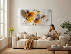 Рачно насликана слика на платно со мотив цвеќиња, природа во кафеаво-портокалово нијанси закачена во ентериер на кујна, мирна атмосфера, природа и раст и развој – ентериер