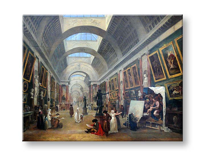 Винтиџ слика на платно со мотив Hubert Robert - Projekt Grande Galerie du Louvre, мапа во кафеаво-сино нијанси, свечена атмосфера, погоден за ходник – производ, поглед 2