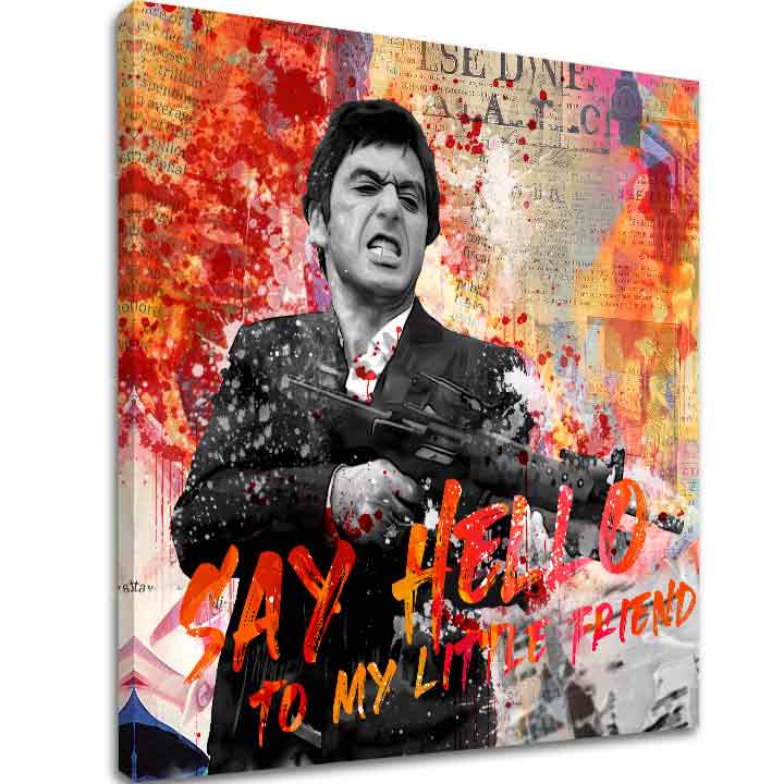 Поп арт слика на платно со мотив Say hello to my little friend, пејзаж во портокалово-црвено нијанси, филмски свет | Scarface слика на платно Say hello to my little friend – главна