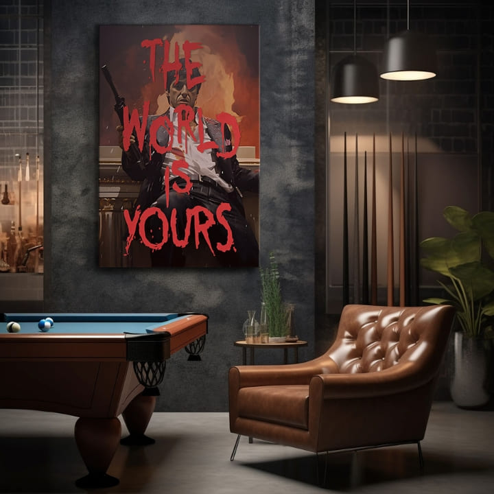 Поп арт слика на платно со мотив The world is yours во бело-портокалово нијанси, интензивна атмосфера, сила и моќ | Scarface слика на платно The world is yours – производ