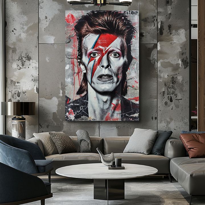 Модерна слика на платно со мотив Davida Bowieho - Ikona hudby и štýlu во бело-црно нијанси, интензивна атмосфера, музичка историја и иконографија – производ