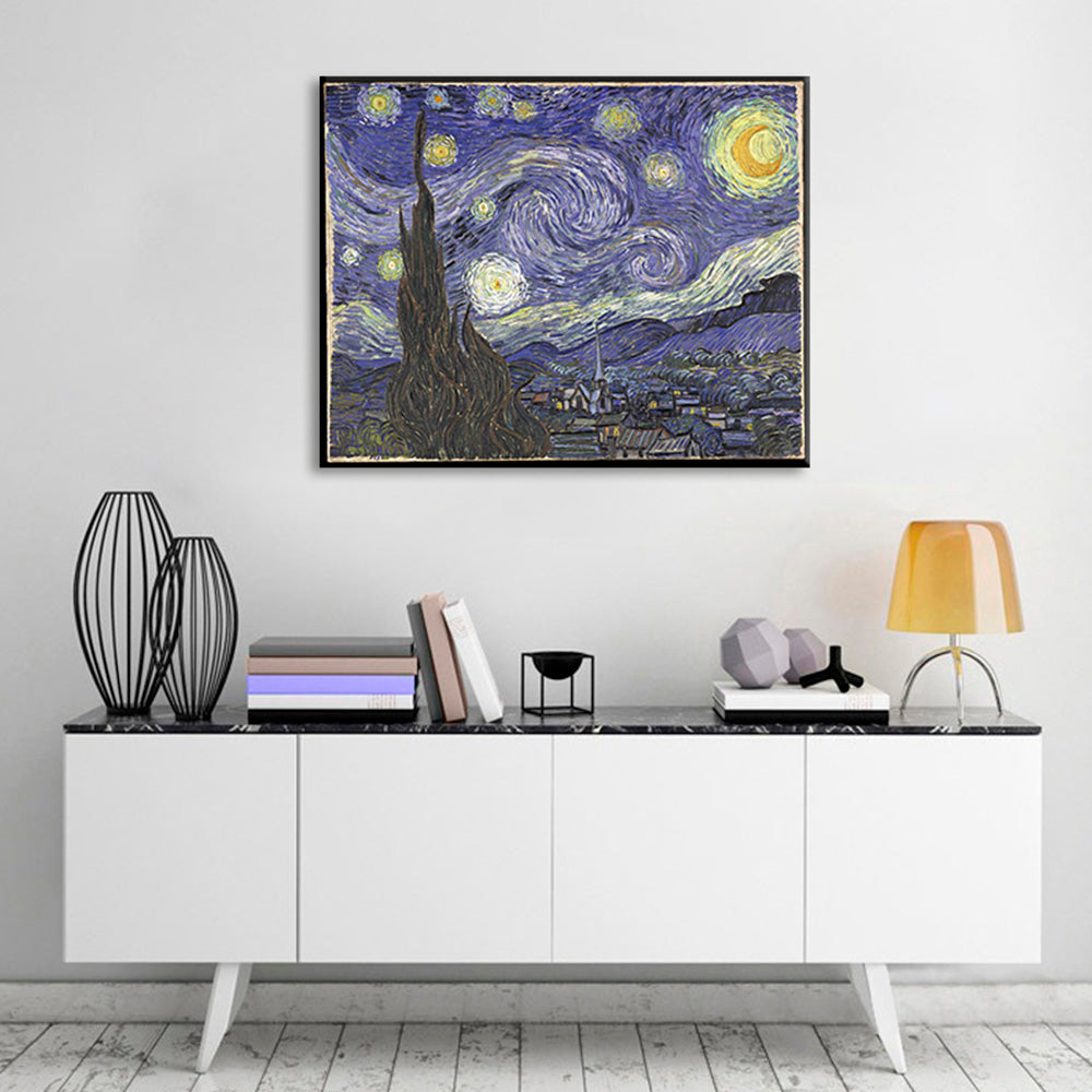 Модерна слика на платно со мотив Vincent van Gogh - Hviezdna noc, ноќно небо, ѕвезди во сино-златно нијанси, соневидна атмосфера | Слика на платно Vincent van Gogh - Hviezdna noc – главна