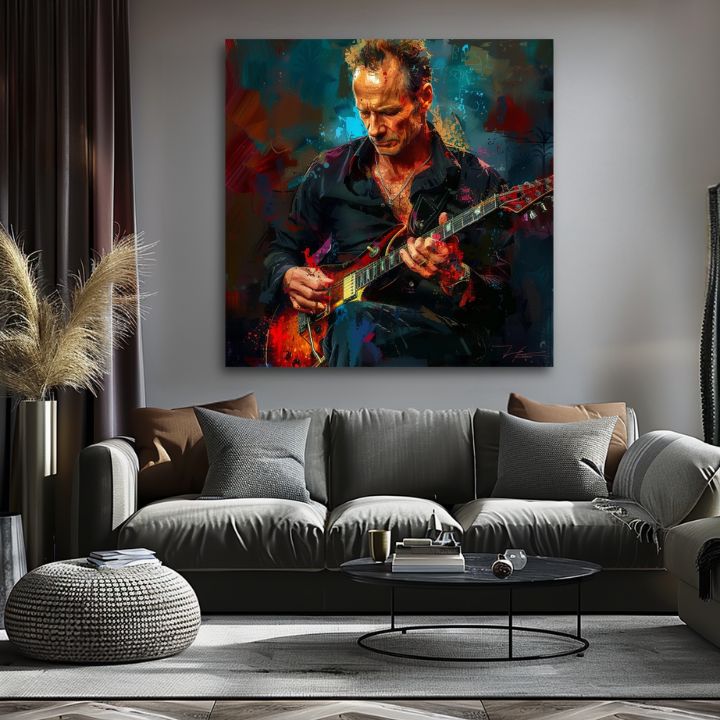 Рачно насликана слика на платно со мотив Sting - Крал Grammy во сино-црвено нијанси, интензивна атмосфера, рок и рол и креативност | Слика Sting - Крал Grammy – производ, поглед 2