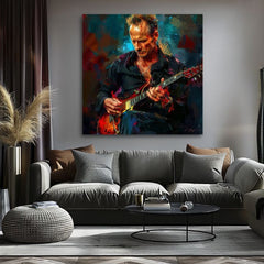 Рачно насликана слика на платно со мотив Sting - Крал Grammy во сино-црвено нијанси, интензивна атмосфера, рок и рол и креативност | Слика Sting - Крал Grammy – производ, поглед 2