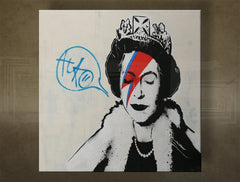 Поп арт слика на платно со мотив Street ART – Banksy, круна, графити, пејзаж, природа во бело-сино нијанси, иконографија, погоден за канцеларија – главна