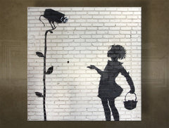 Класична слика на платно со мотив Street ART – Banksy, цвеќиња, природа во бело-сиво нијанси, погоден за канцеларија | Слика на платно Street ART – Banksy – главна