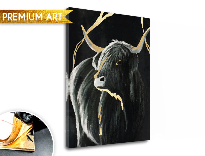 Рачно насликана слика на платно со мотив PREMIUM ART – Čierny býk во сиво-златно нијанси, елегантна атмосфера, природа и луксузен впечаток | Слики на платно - PREMIUM ART – Čierny býk – главна
