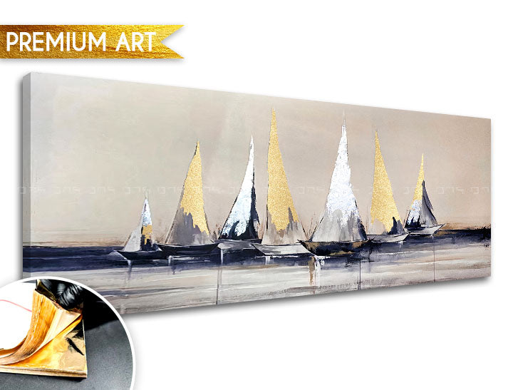 Рачно насликана слика на платно со мотив PREMIUM ART – Plachetnice на море, небо, природа во бело-беж нијанси, мирна атмосфера, погоден за дневна соба – главна
