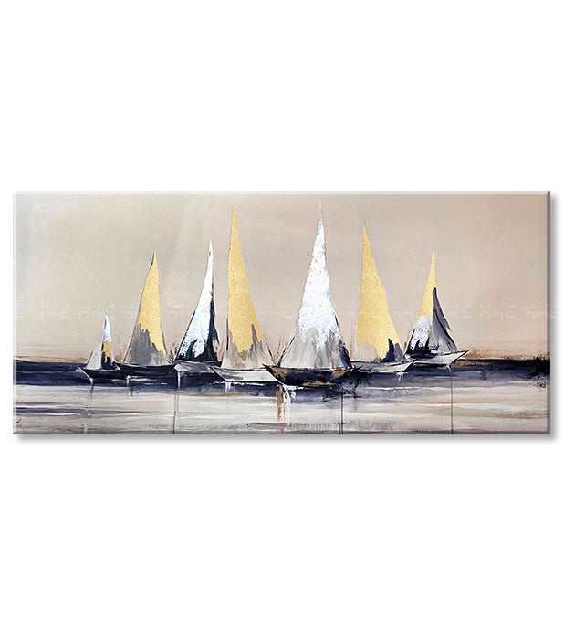 Рачно насликана слика на платно со мотив PREMIUM ART – Plachetnice на море, небо, природа во бело-беж нијанси, мирна атмосфера, погоден за дневна соба – производ, поглед 2