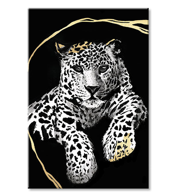 Рачно насликана слика на платно со мотив PREMIUM ART – Oddychujúci gepard во бело-златно нијанси, елегантна атмосфера, природа и луксузен впечаток – производ, поглед 2