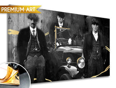 Рачно насликана слика на платно со мотив PREMIUM ART – Peaky Blinders bratia, автомобил во сиво-златно нијанси, погоден за дневна соба | Слики на платно - PREMIUM ART – Peaky Blinders bratia – главна