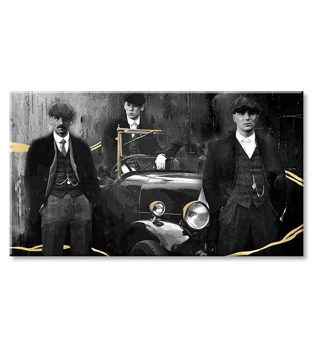 Рачно насликана слика на платно со мотив PREMIUM ART – Peaky Blinders bratia, автомобил во сиво-златно нијанси, погоден за дневна соба | Слики на платно - PREMIUM ART – Peaky Blinders bratia