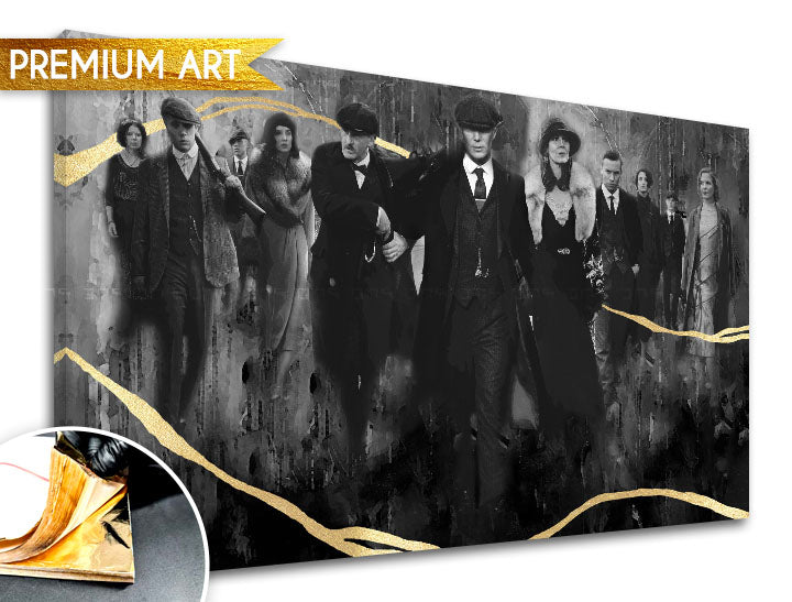 Рачно насликана слика на платно со мотив PREMIUM ART – Peaky Blinders семејство во сиво-златно нијанси, семејство и сила и моќ, погоден за дневна соба – производ