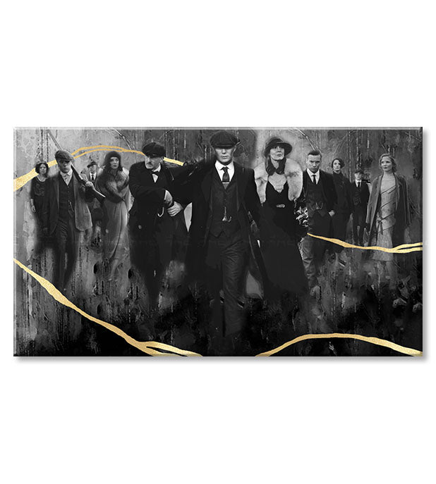 Рачно насликана слика на платно со мотив PREMIUM ART – Peaky Blinders семејство во сиво-златно нијанси, семејство и сила и моќ, погоден за дневна соба – производ, поглед 2