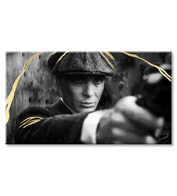 Рачно насликана слика на платно со мотив PREMIUM ART – Peaky Blinders Thomas Shelby во сиво-златно нијанси, интензивна атмосфера | Слики на платно - PREMIUM ART – Peaky Blinders Thomas..., поглед 3